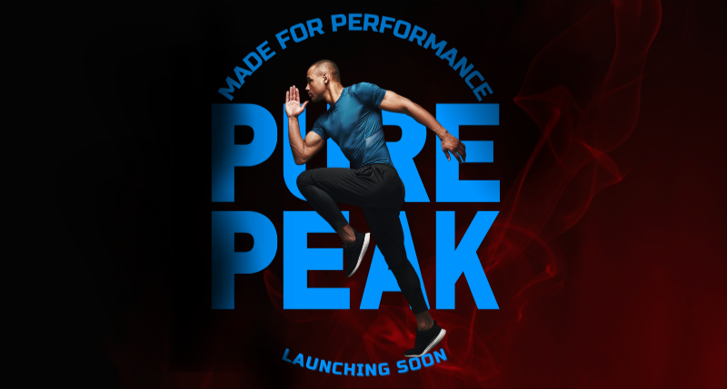 Person in athletic wear with 'PURE PEAK' branding on a dark background