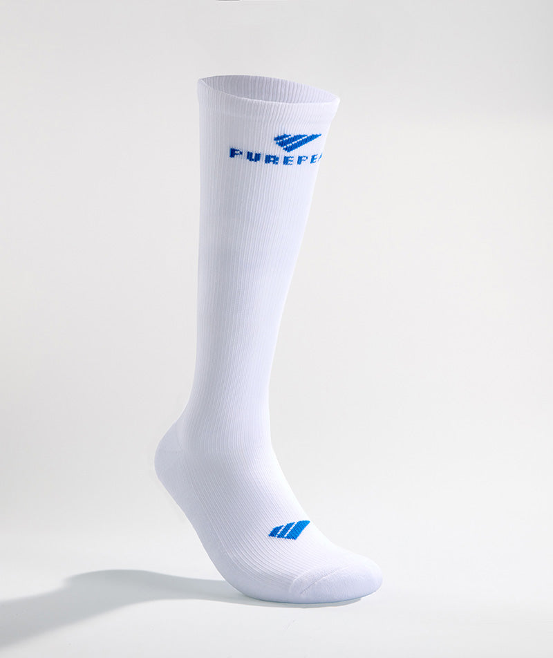PUREPEAK compression socks knee high White with blue logo – performance sports socks