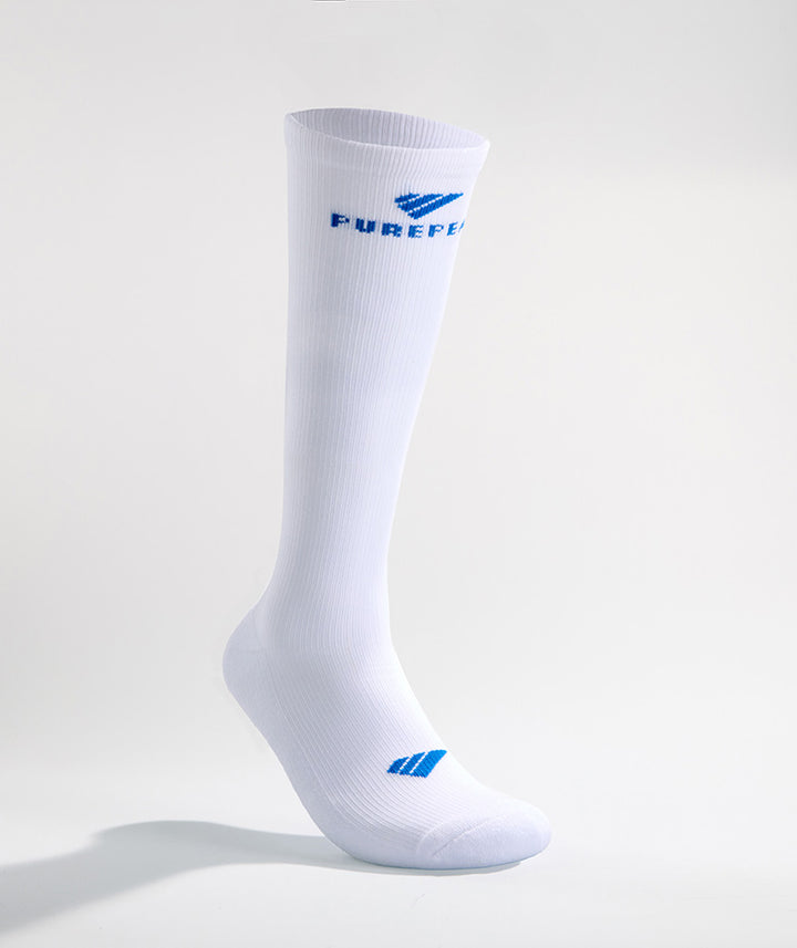 PUREPEAK compression socks knee high White with blue logo – performance sports socks