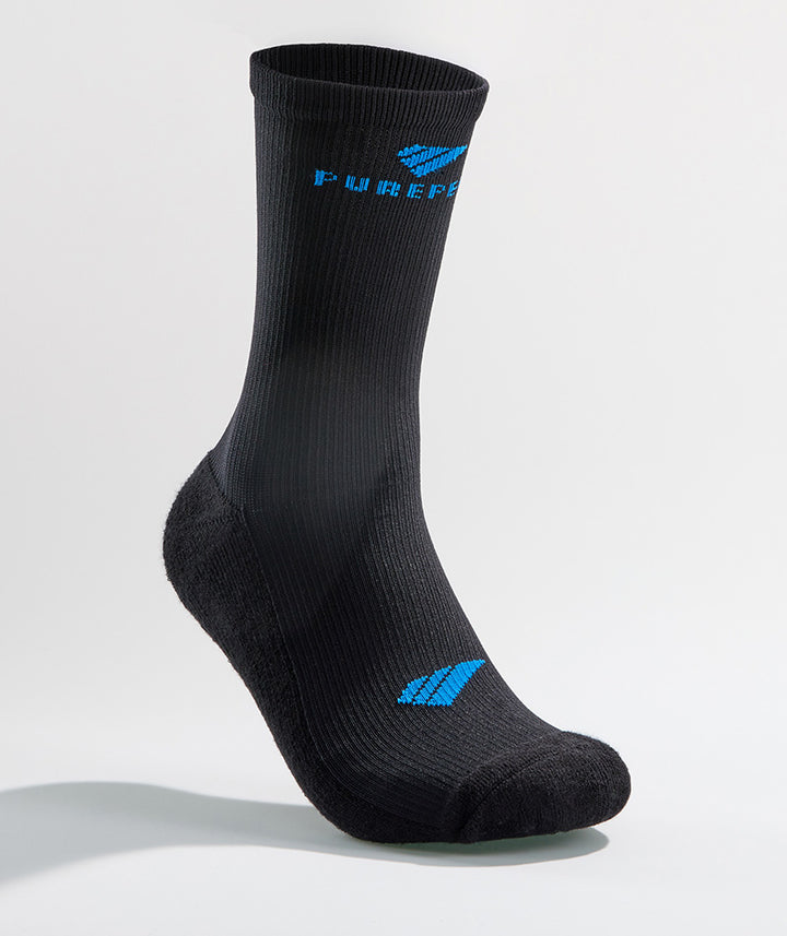PUREPEAK compression socks mid calf black with blue logo – performance sports socks