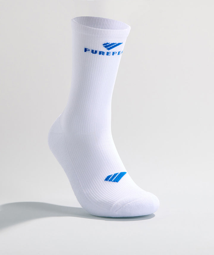 PUREPEAK compression socks mid calf white with blue logo – performance sports socks